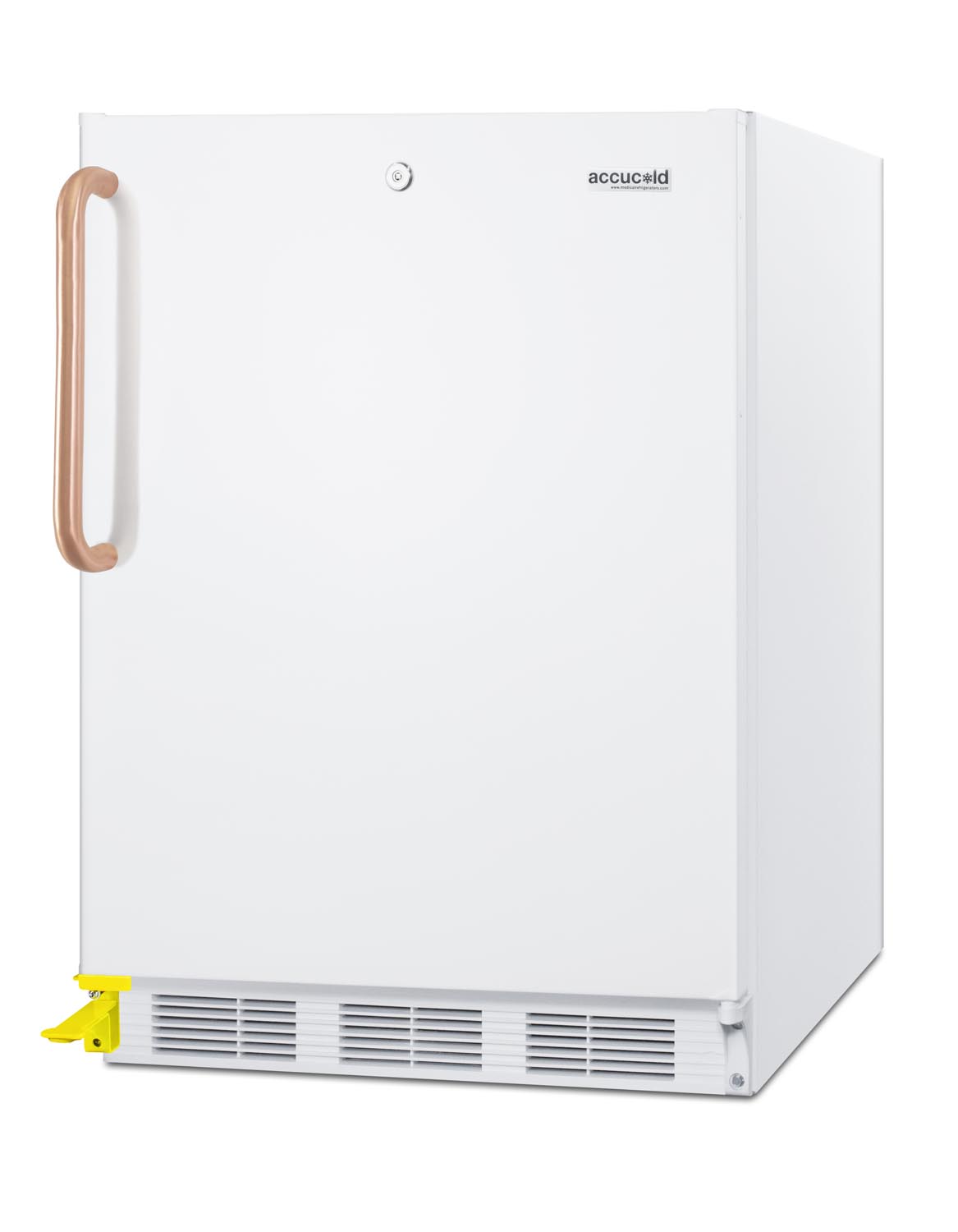 ADA compliant built-in undercounter all-refrigerator for general purpose or commercial use, with pure copper handle, step-to-open foot pedal, lock, auto defrost operation, and white exterior